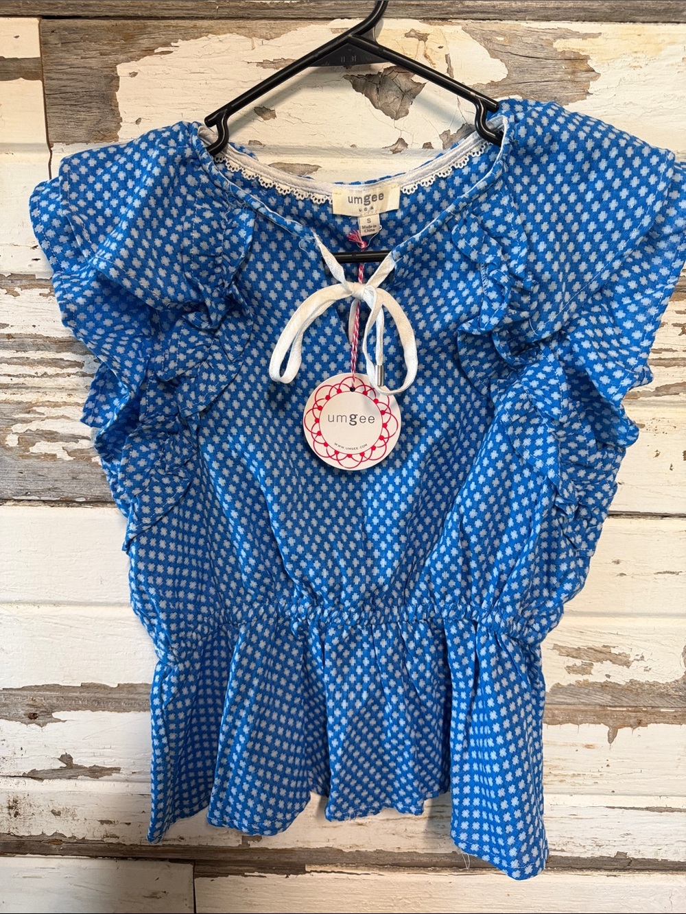 Umgee Blue Patterned Ruffle Peplum Top